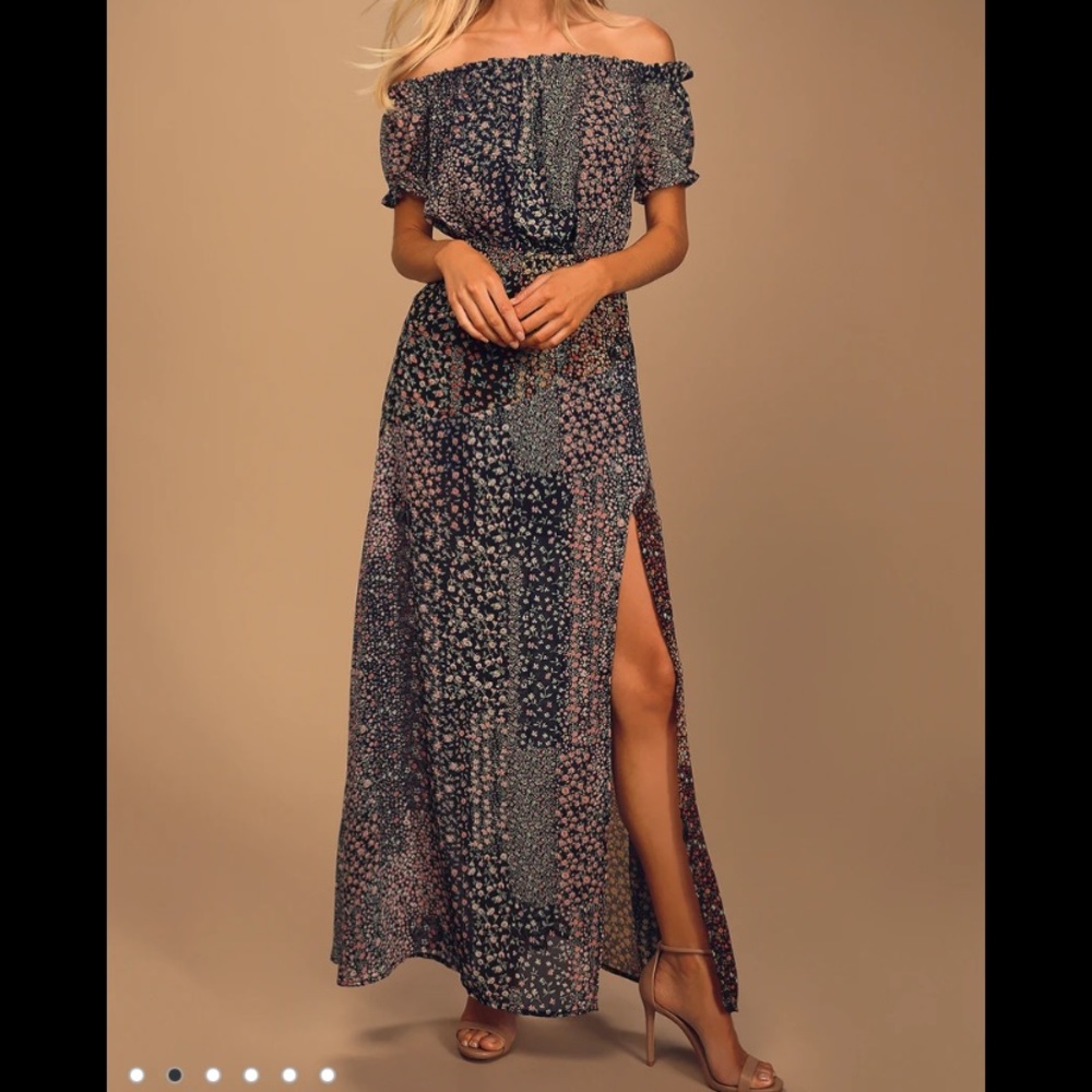 Navy blue floral print off the shoulder maxi dress